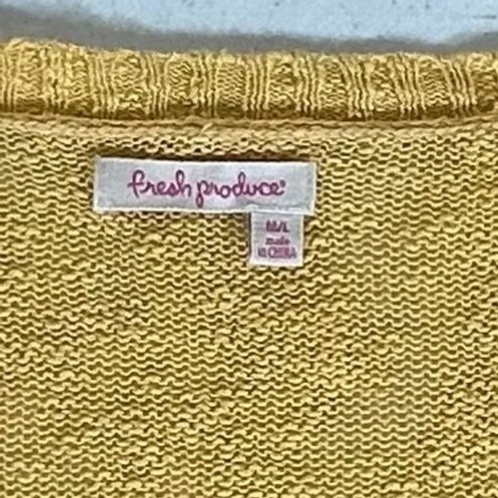 Fresh Produce Yellow Open Knit Sweater Size‎ Medium Large 3/4 Sleeve Scoop Neck